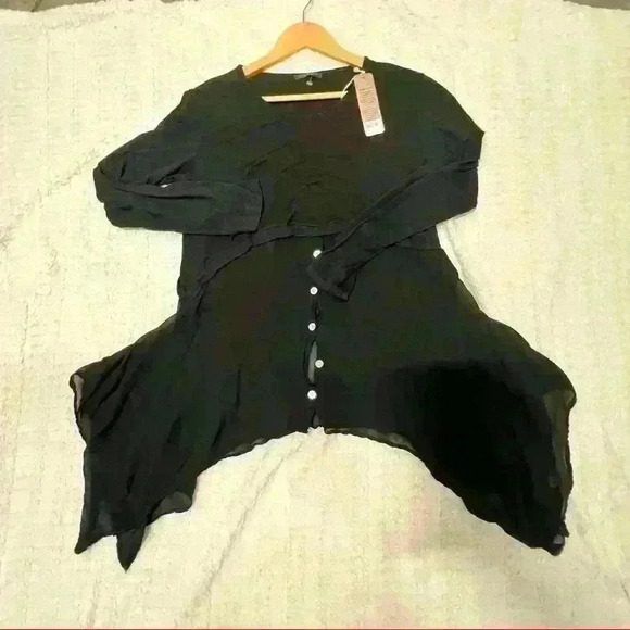 CATHERINE LILLY WHITE Long Sleeve Black Blouse Flower Bottom Sz M Made In Italy - Picture 3 of 11